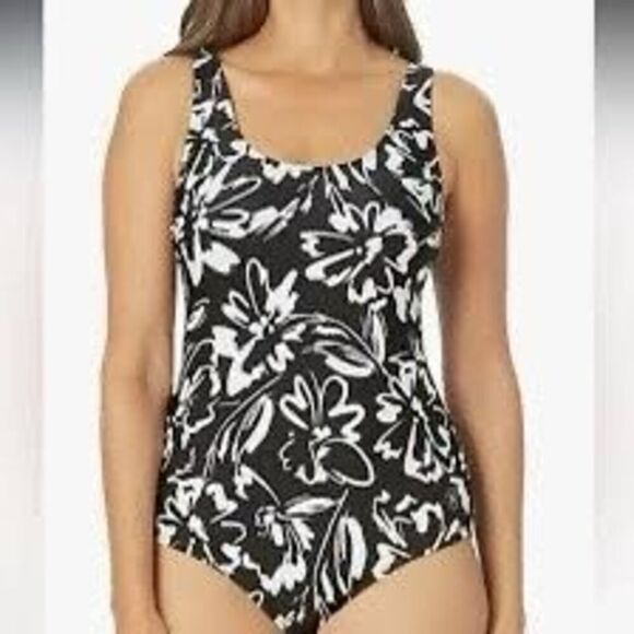 Hurley Women's XL One Piece Swimsuit Black White Floral UPF 50+ Sun Protection